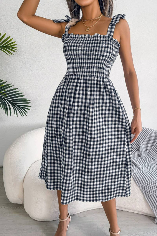 CWDHL0520_SUMMER CASUAL LACE-UP PLAID DRESS MID-LENGTH