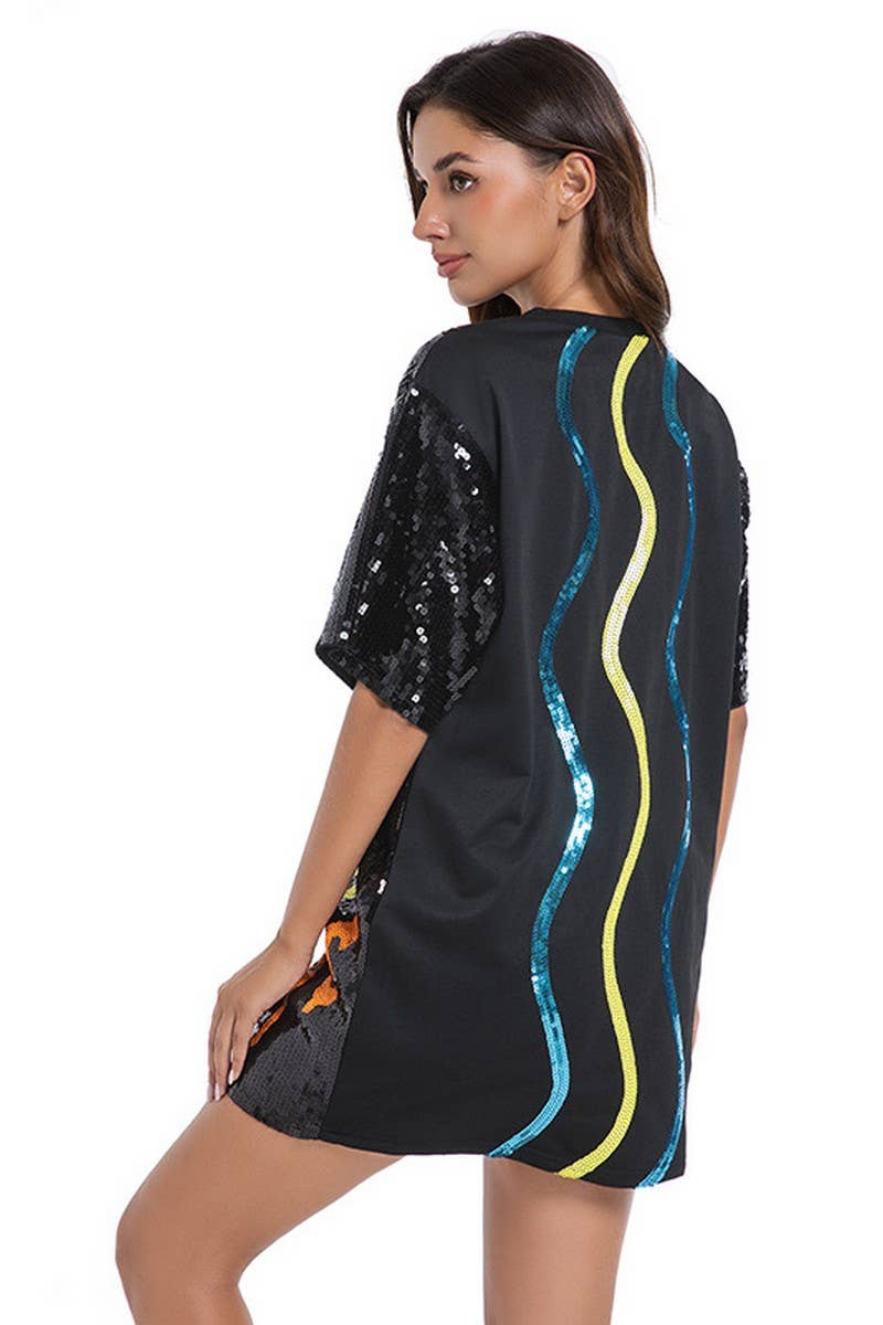 CWDHL1052_SUMMER SEQUINED LOOSE SHORT-SLEEVED TOP