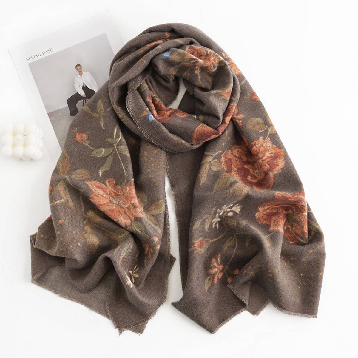 Rose Print Tassel Scarf - Boho Faux Cashmere Wrap