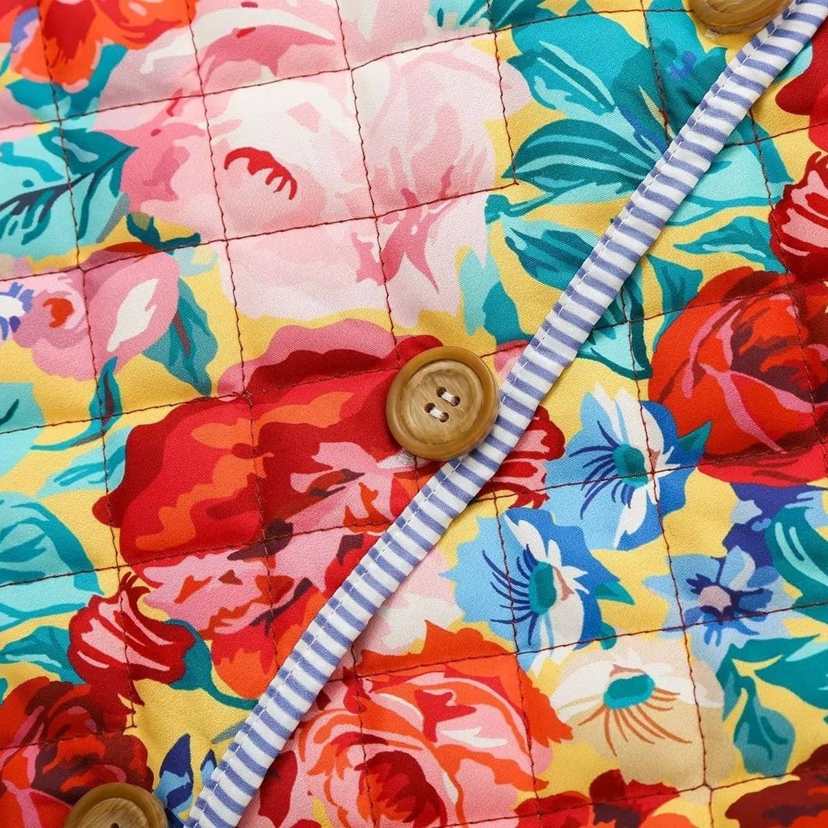 FLORAL PRINT CREW NECK PUFF SLEEVE QUILTED JACKETS