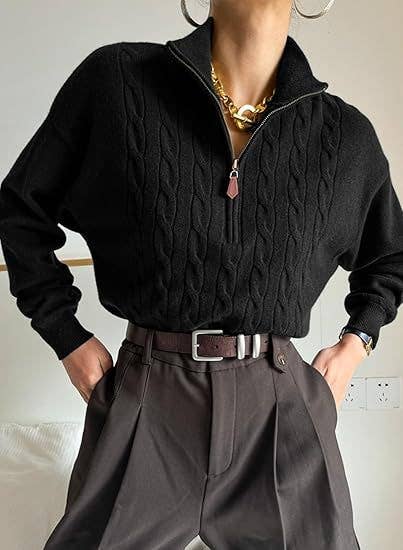 Semi-high neck zipper ribbed twist knit sweater