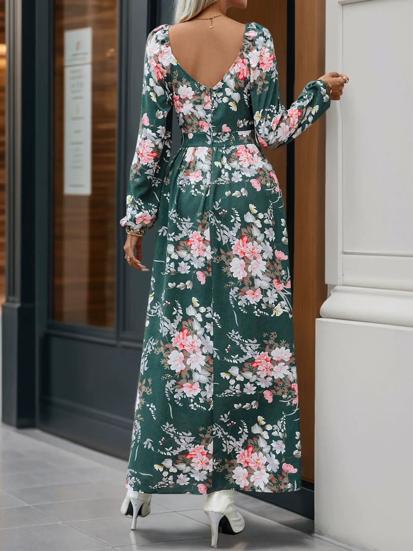 LONG SLEEVE DEEP V-NECK PRINT LONG SPLIT DRESS