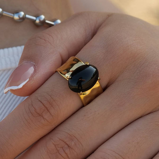 INLAID OBSIDIAN 18K GOLD PLATED WIDE RING
