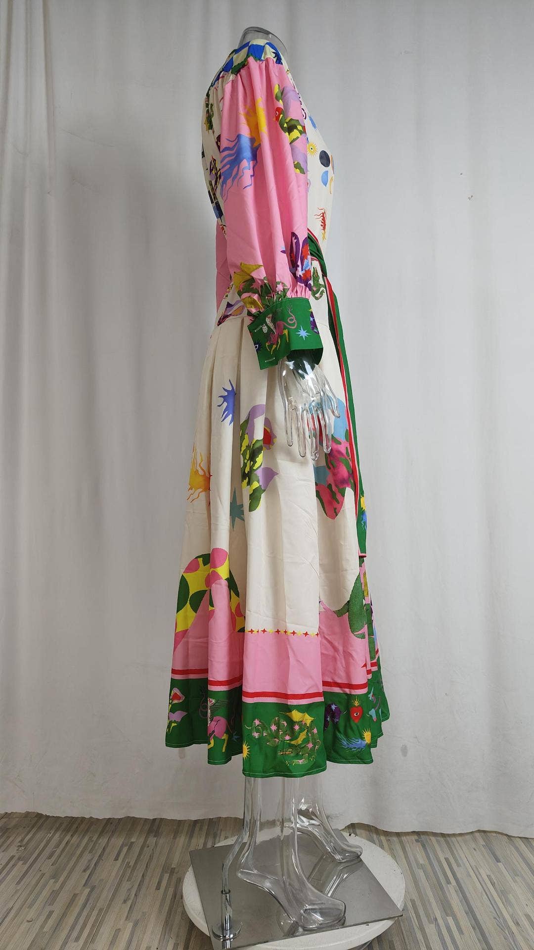 LANTERN SLEEVE PRINTED LAPEL LONG-SLEEVED DRESS