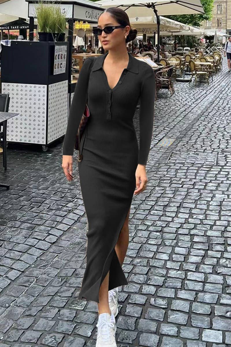 CWDMD4903_SLIM FIT POLO NECK RIBBED LONG SLEEVE SLIT DRESS