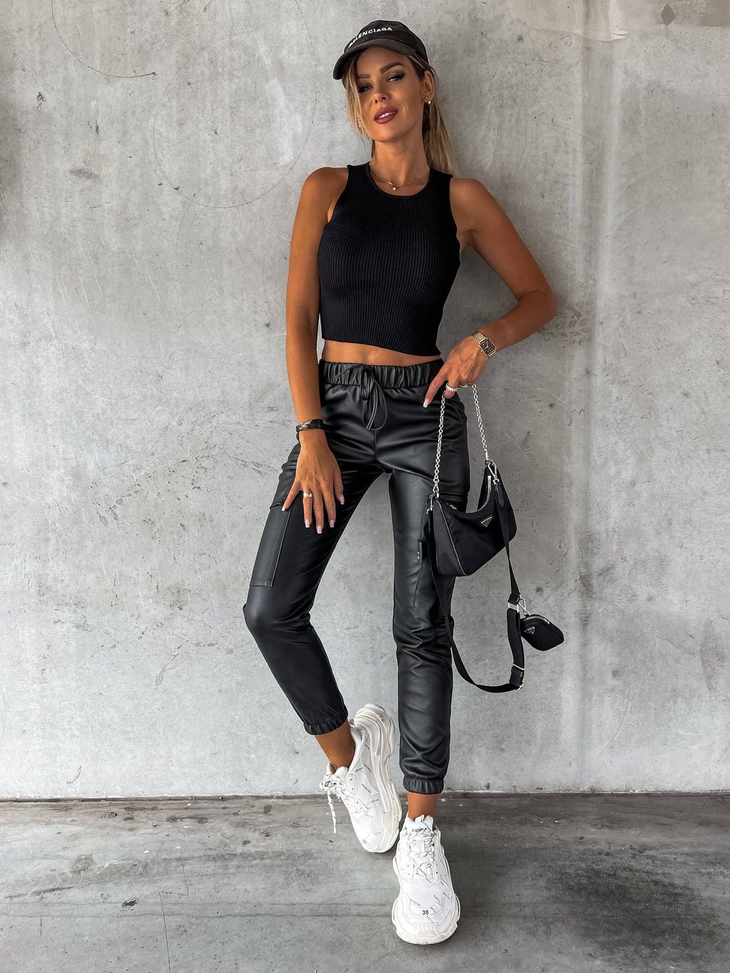 Waist-cinching street drawstring leather pants