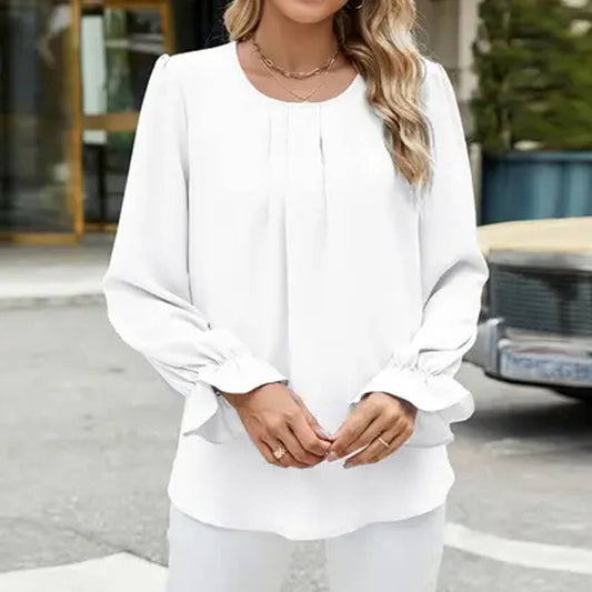Solid color crew-neck long-sleeved loose chiffon