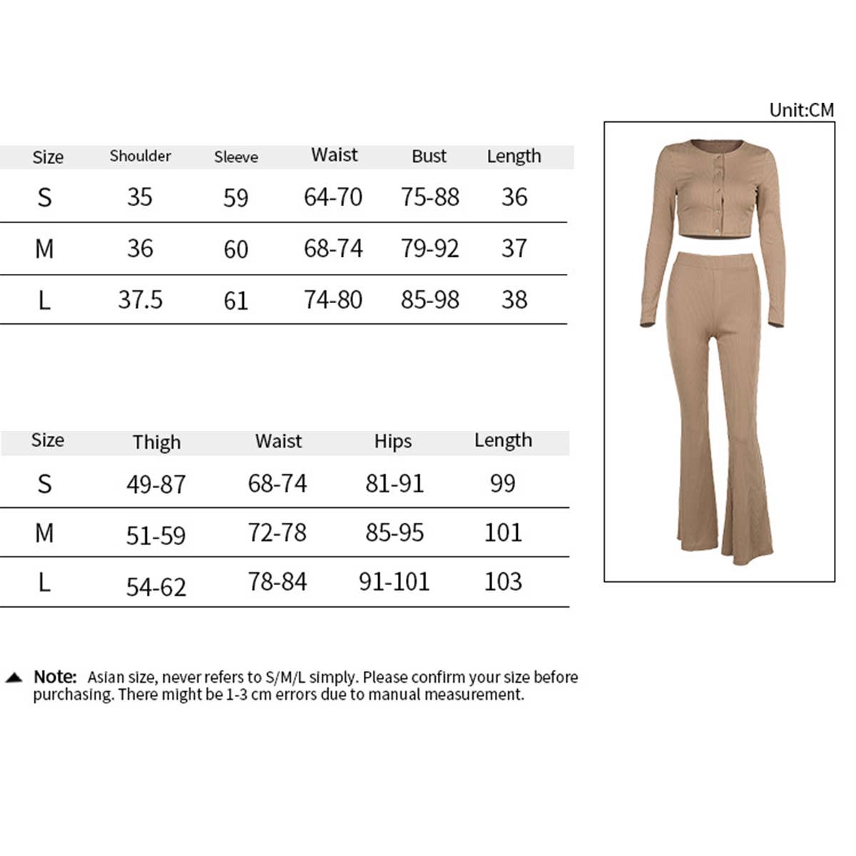 Assorted bell-bottom pants suit with square collar and clasp