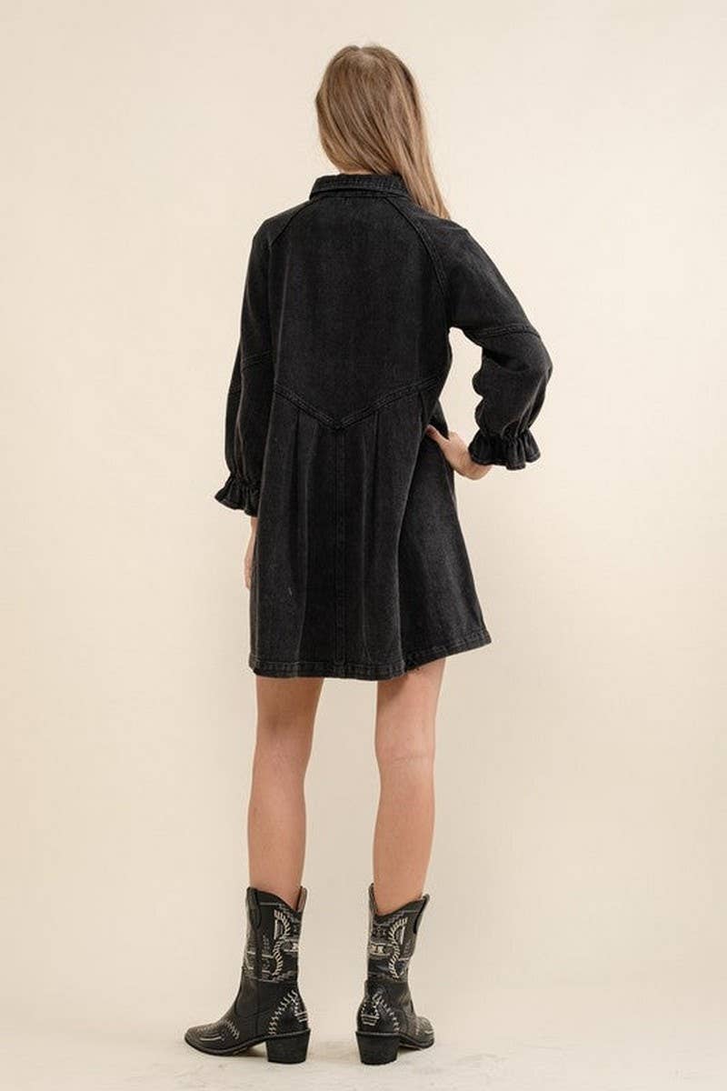 CWJT0026_CASUAL 3/4 SLEEVE BUTTON DOWN DENIM T-SHIRT DRESS
