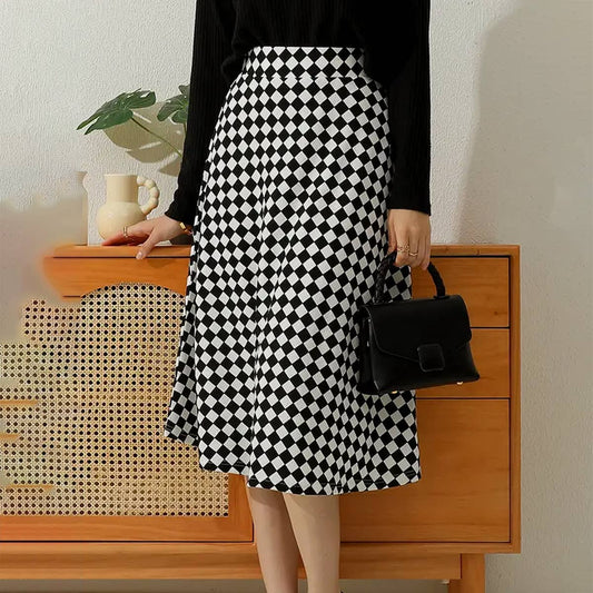 WOMEN FASHION OVER KNEE PLAID SKIRT_CWBLS122