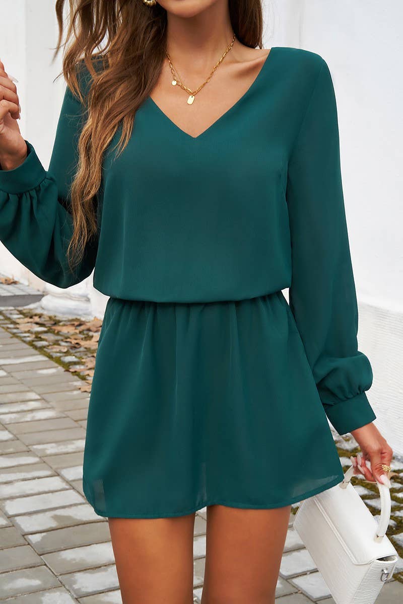 CWDSD5613_V-NECK SOLID COLOR PUFF SLEEVE DRESS