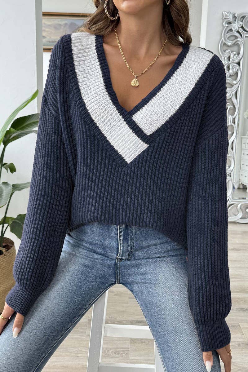 CWOSWL07340_WOMEN COLOR BLOCK V NECK LOOSE KNIT SWEATER