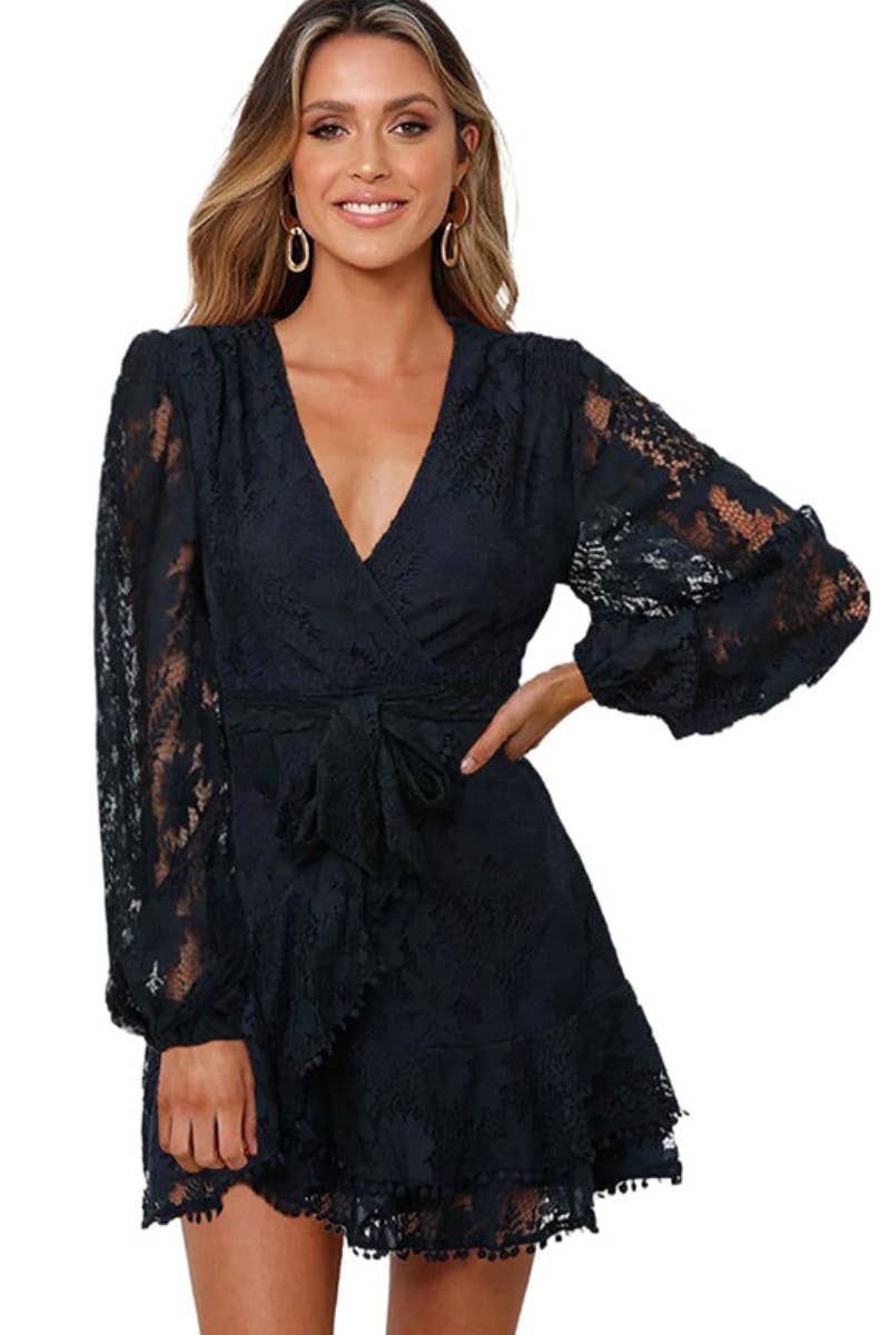CWDSD6589_LACE DEEP V PATCHWORK LACE-UP DRESS SHORT