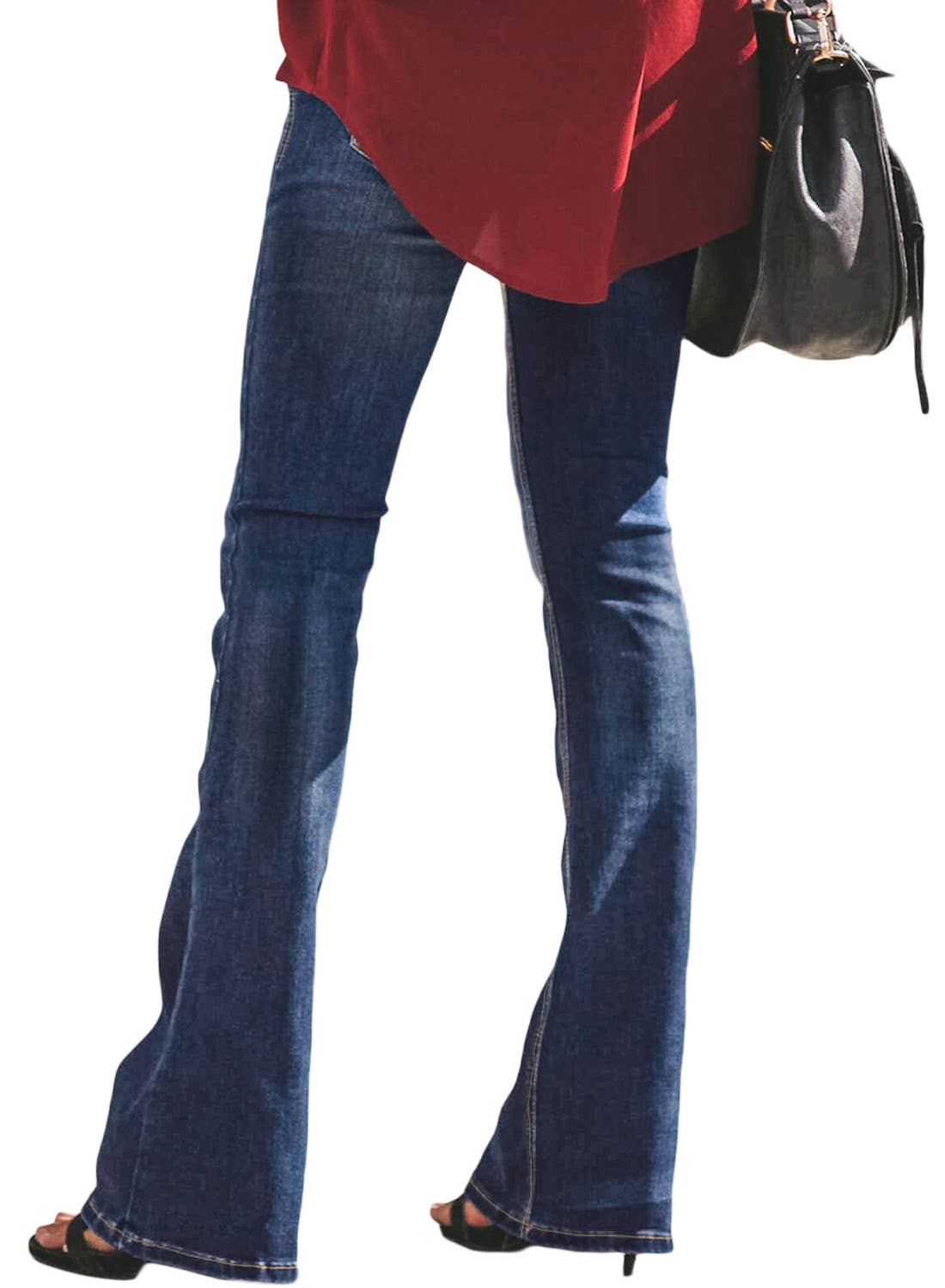 Fitted and waist-cinching long flared jeans