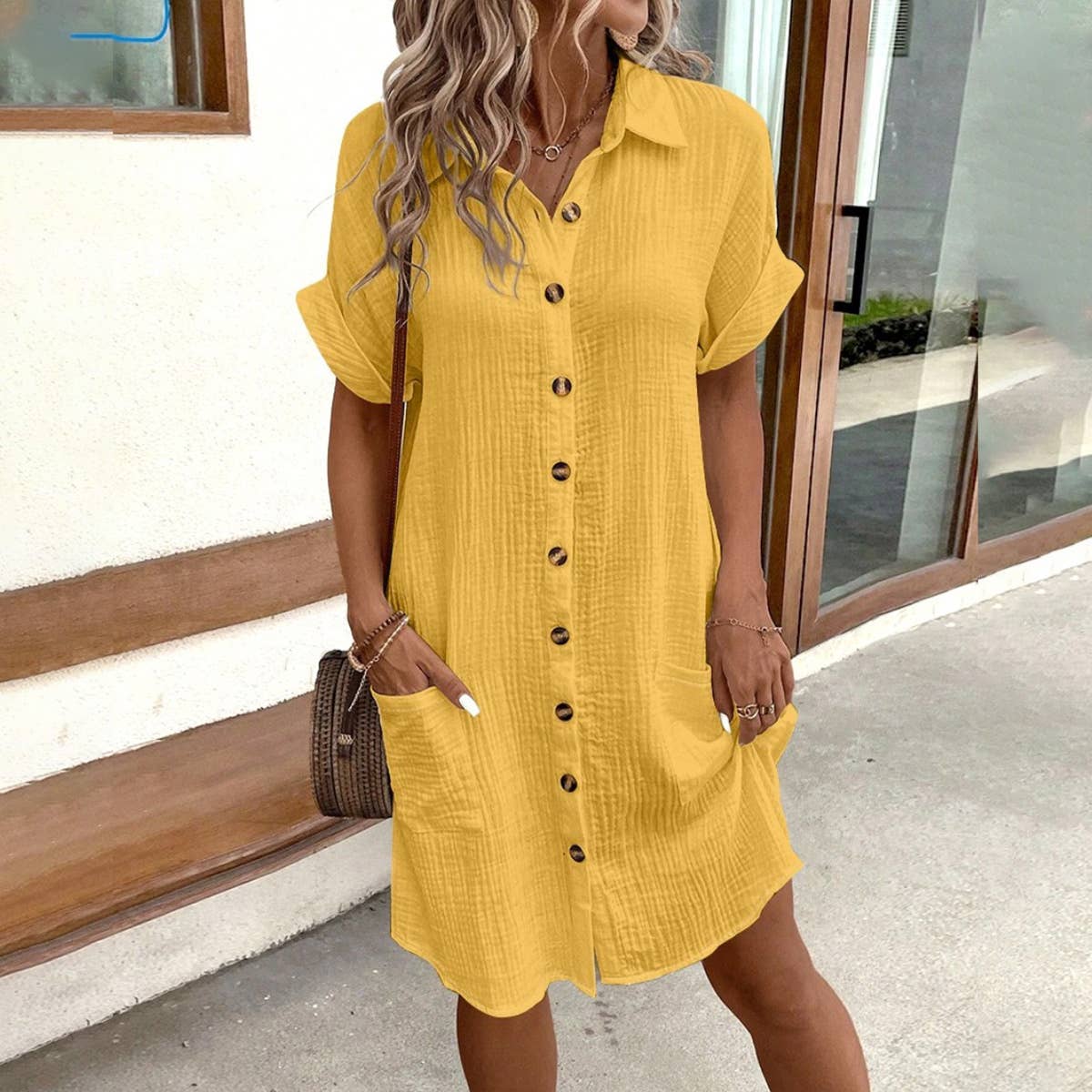Simple loose V-neck single breasted solid color shirt dress