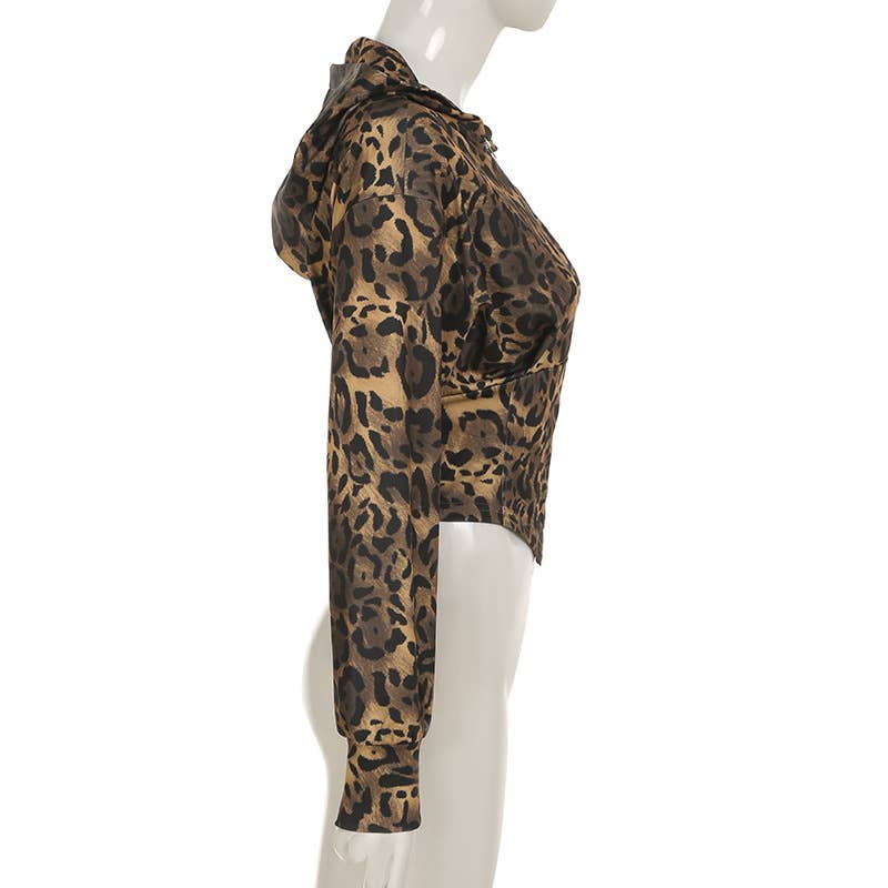 LEOPARD PRINT ZIPPER HOODIE PATCHWORK CARDIGAN