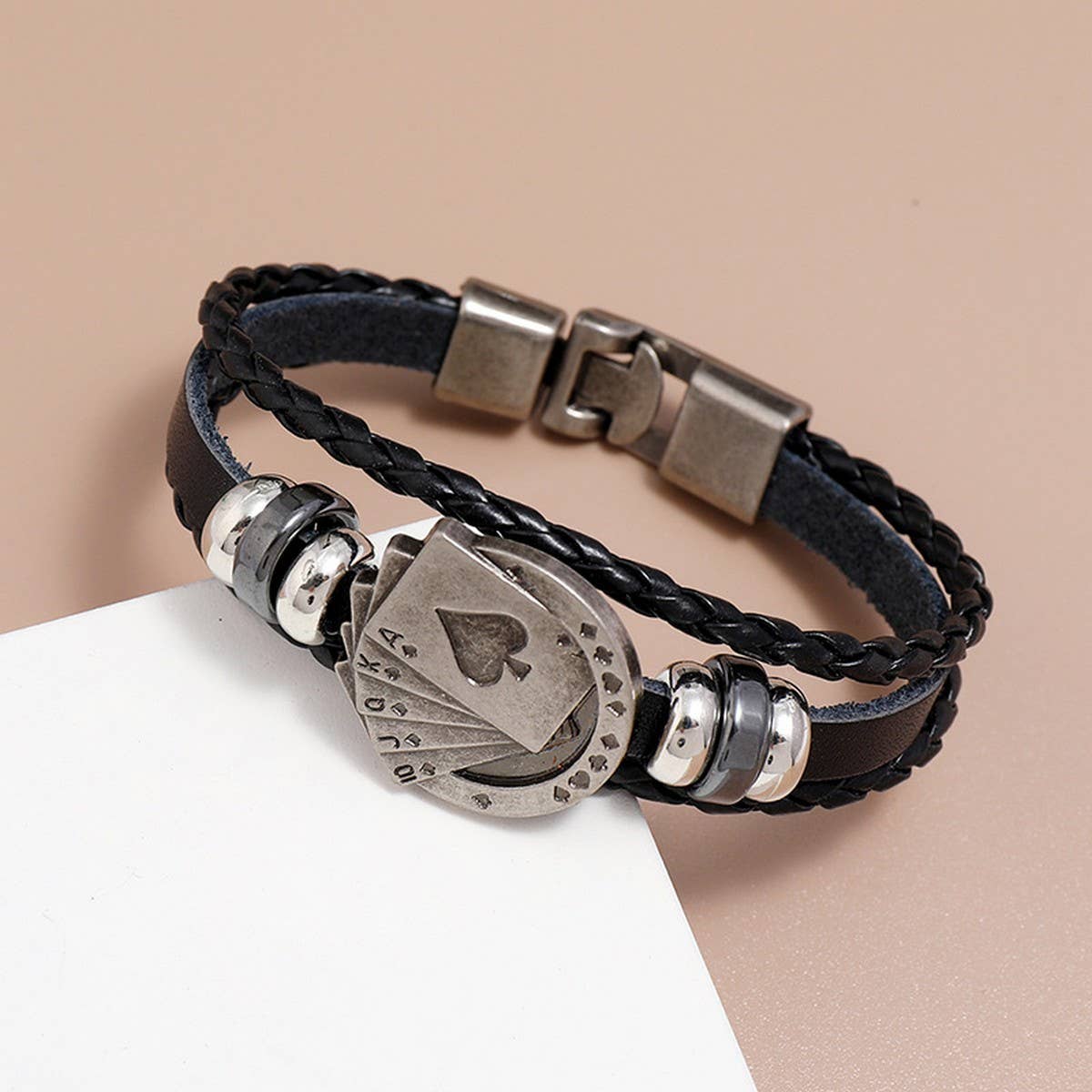 PERSONALIZED POKER BRAIDED LEATHER BRACELET_CWMM4510