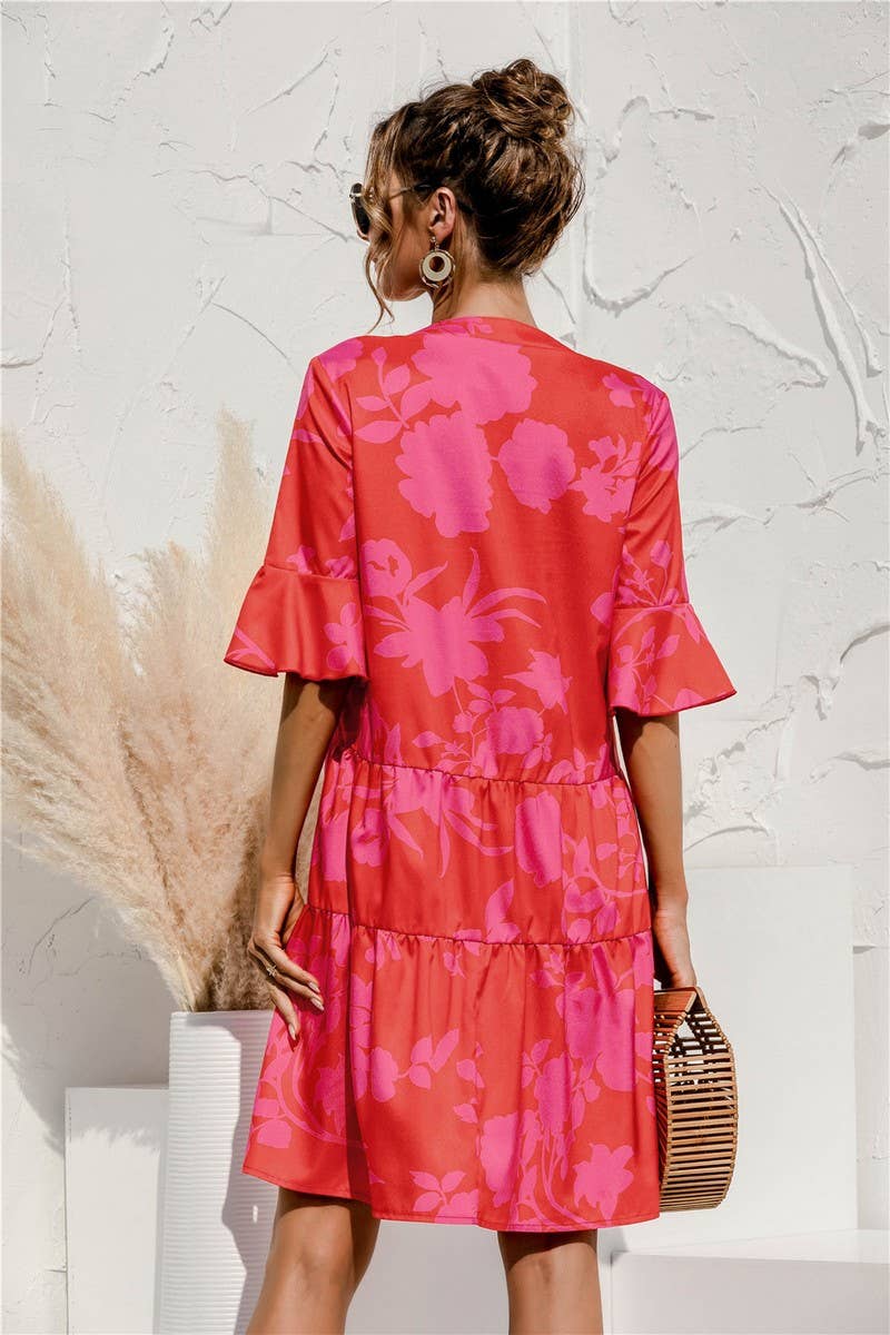 V NECK FLARED SLEEVE PATCHWORK DRESS_CWDSD2463