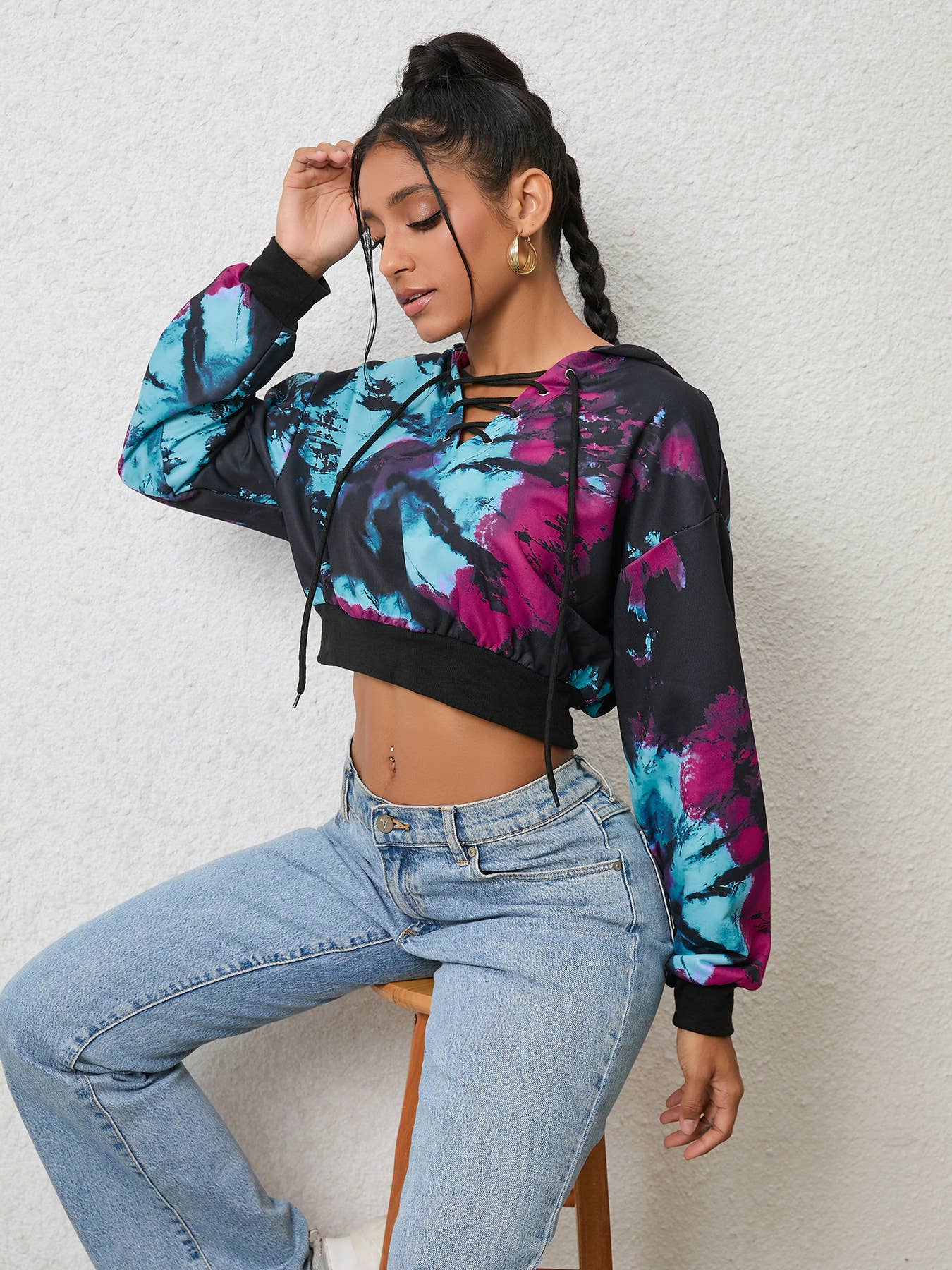 SLOUCHY TIE DYE FASHION HOODIE CROP HOODIE