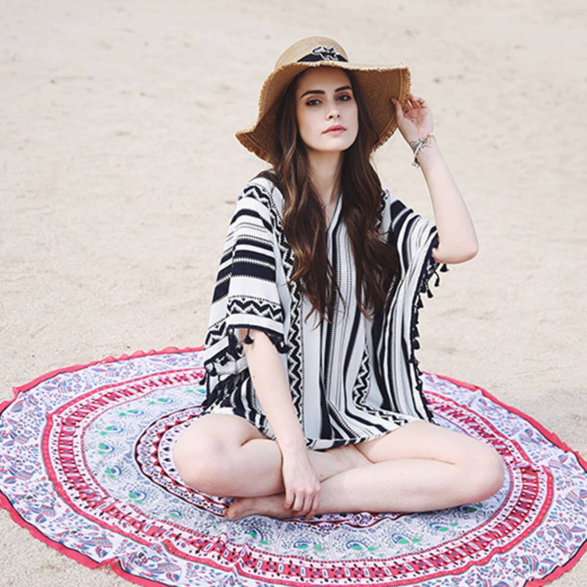 TASSEL STRIPE PRINT FRONT OPEN KIMONO FOR SUMMER