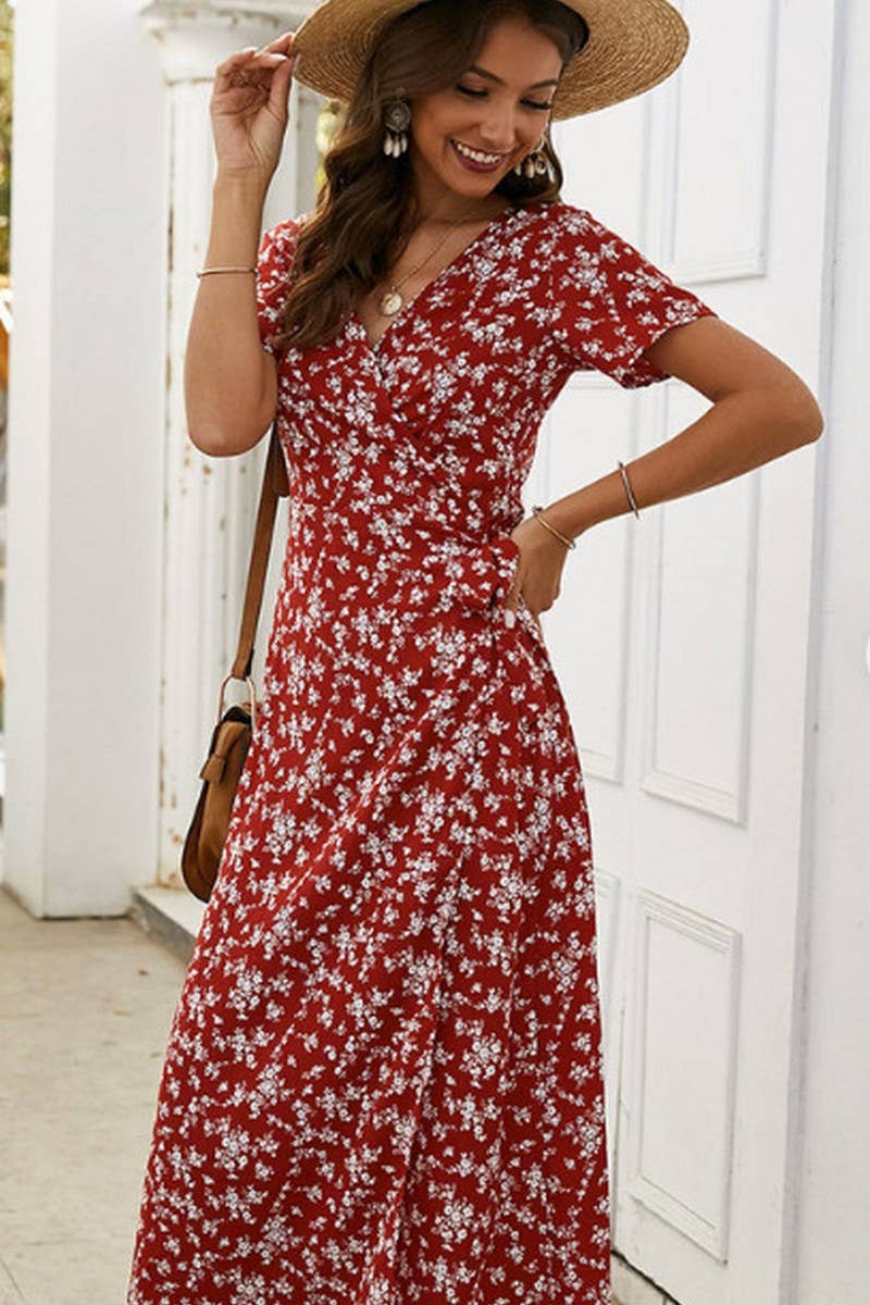 CWDMD4130_PRINTED V-NECK TIE HIGH WAIST MIDI DRESS