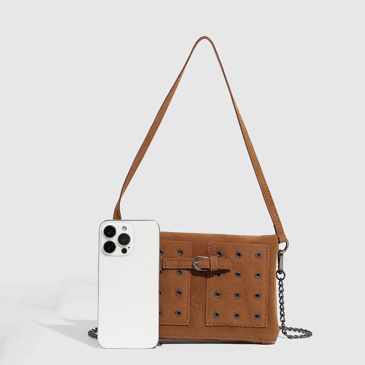 Vintage Suede Chain Studded Envelope Bag_CWAB5698