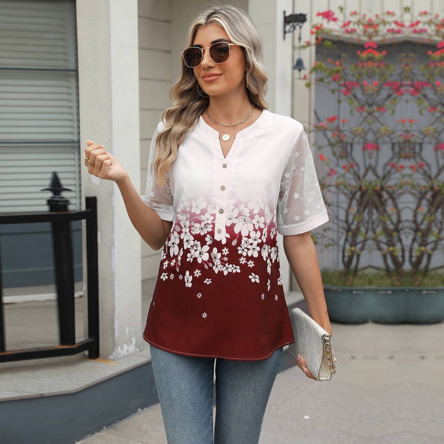 V-neck printed chiffon top with lace sleeves