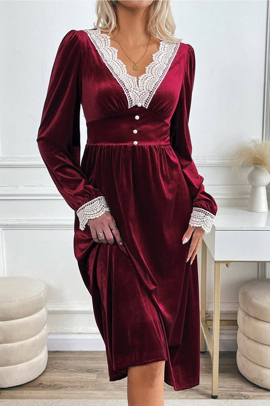 CWDMD4805_V-NECK LACE PANEL CONTRAST COLOR DRESS