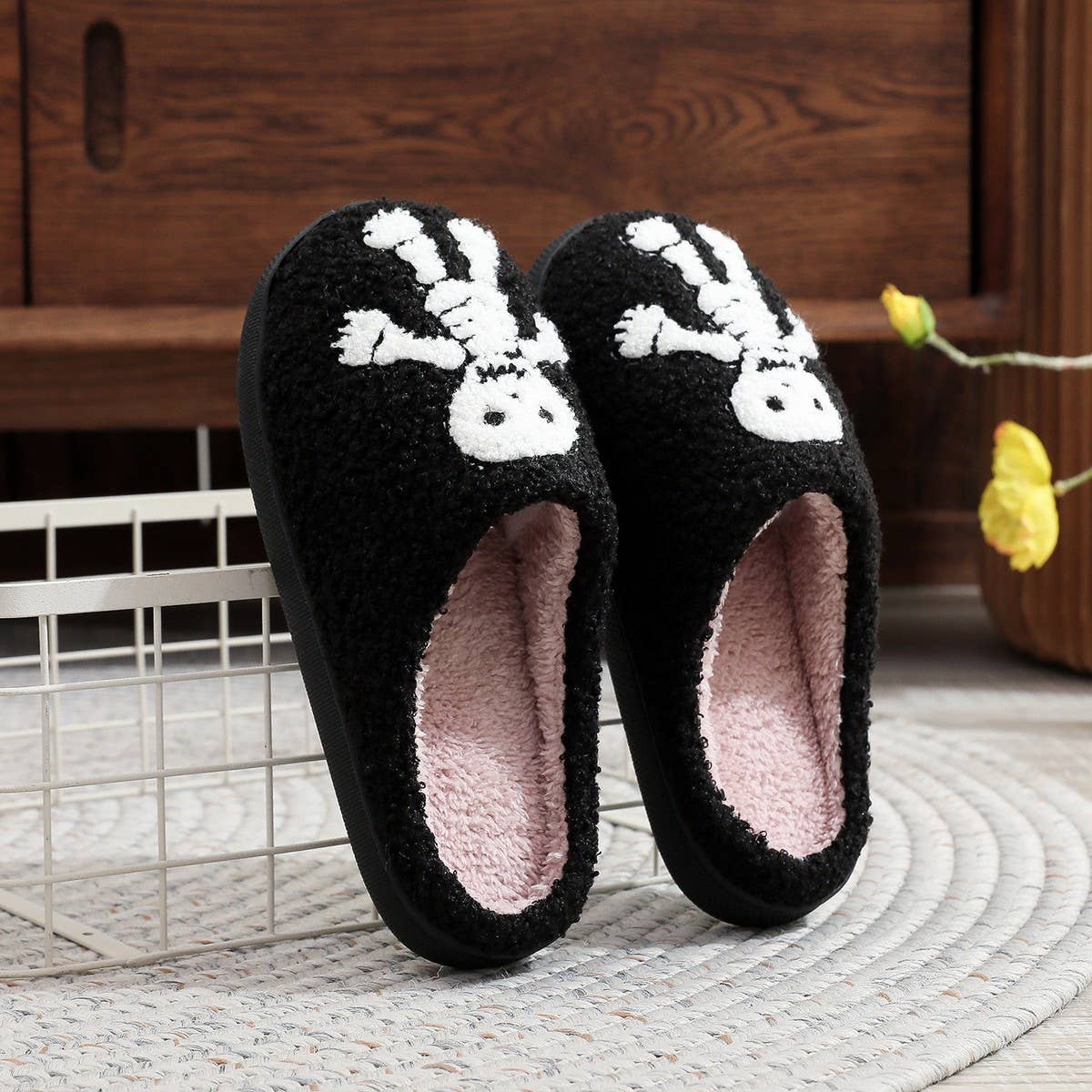 HALLOWEEN SKULL EMBROIDERED COTTON SLIPPERS