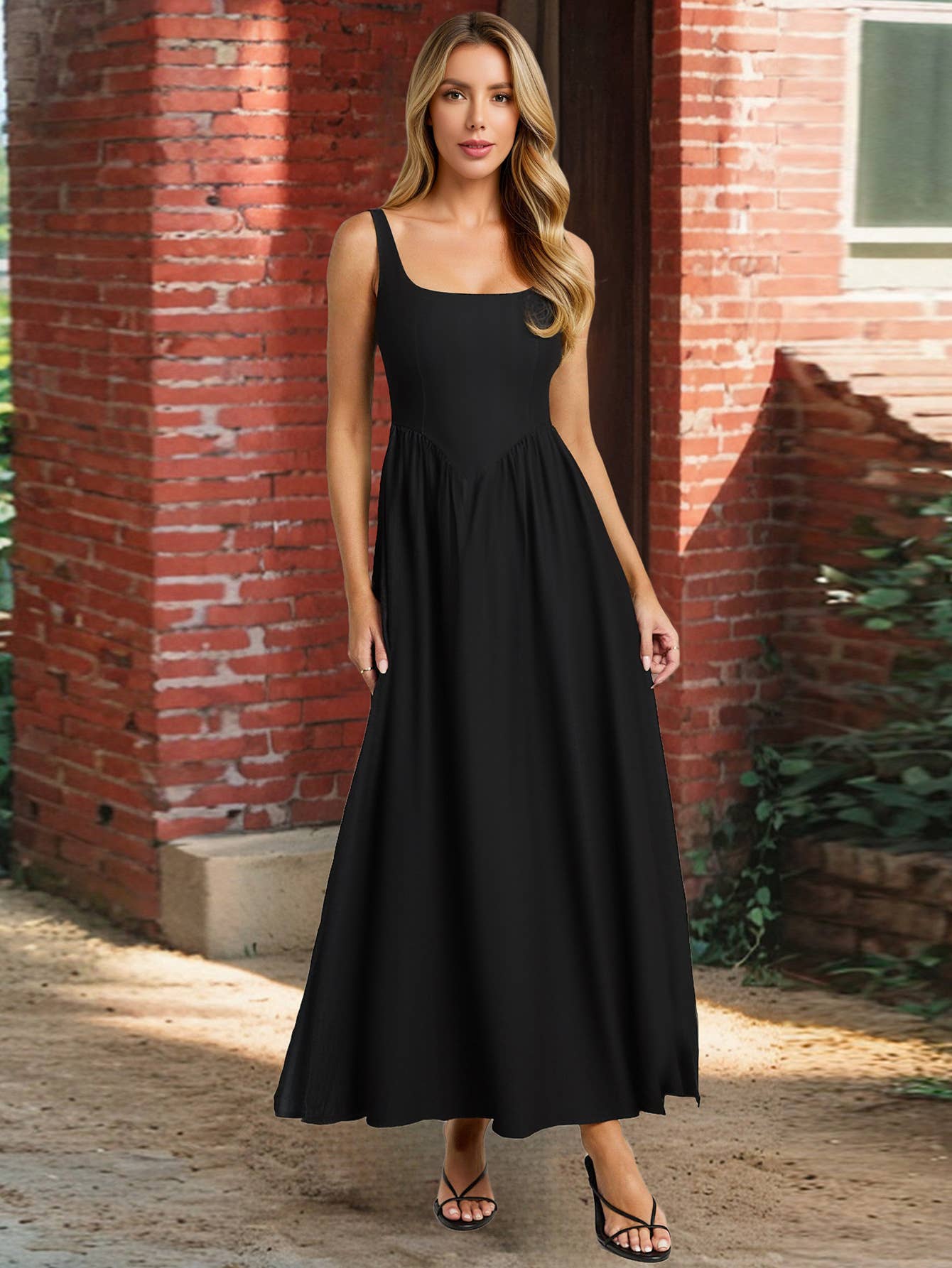 Solid-color elegant square-neck halter dress