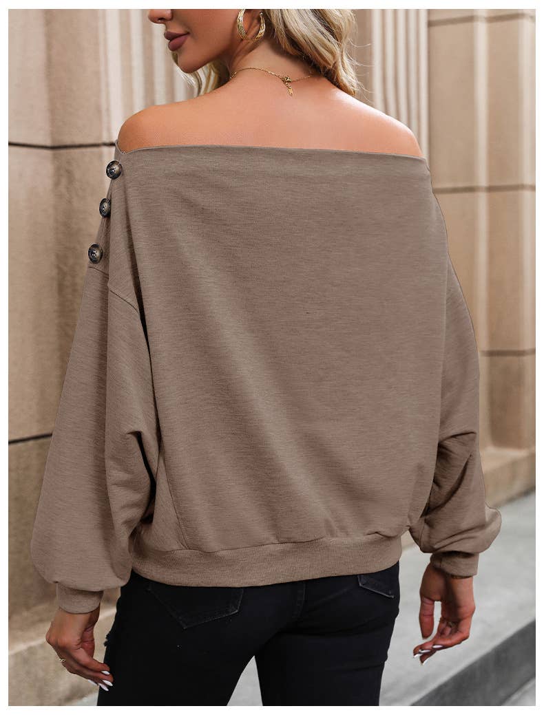SOLID COLOR LINE NECK OFF-THE-SHOULDER HOODIE