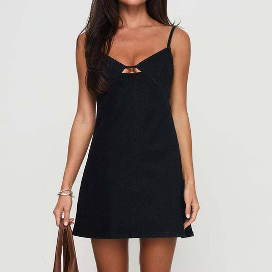 Sexy adjustable strap low-cut A-line denim dress