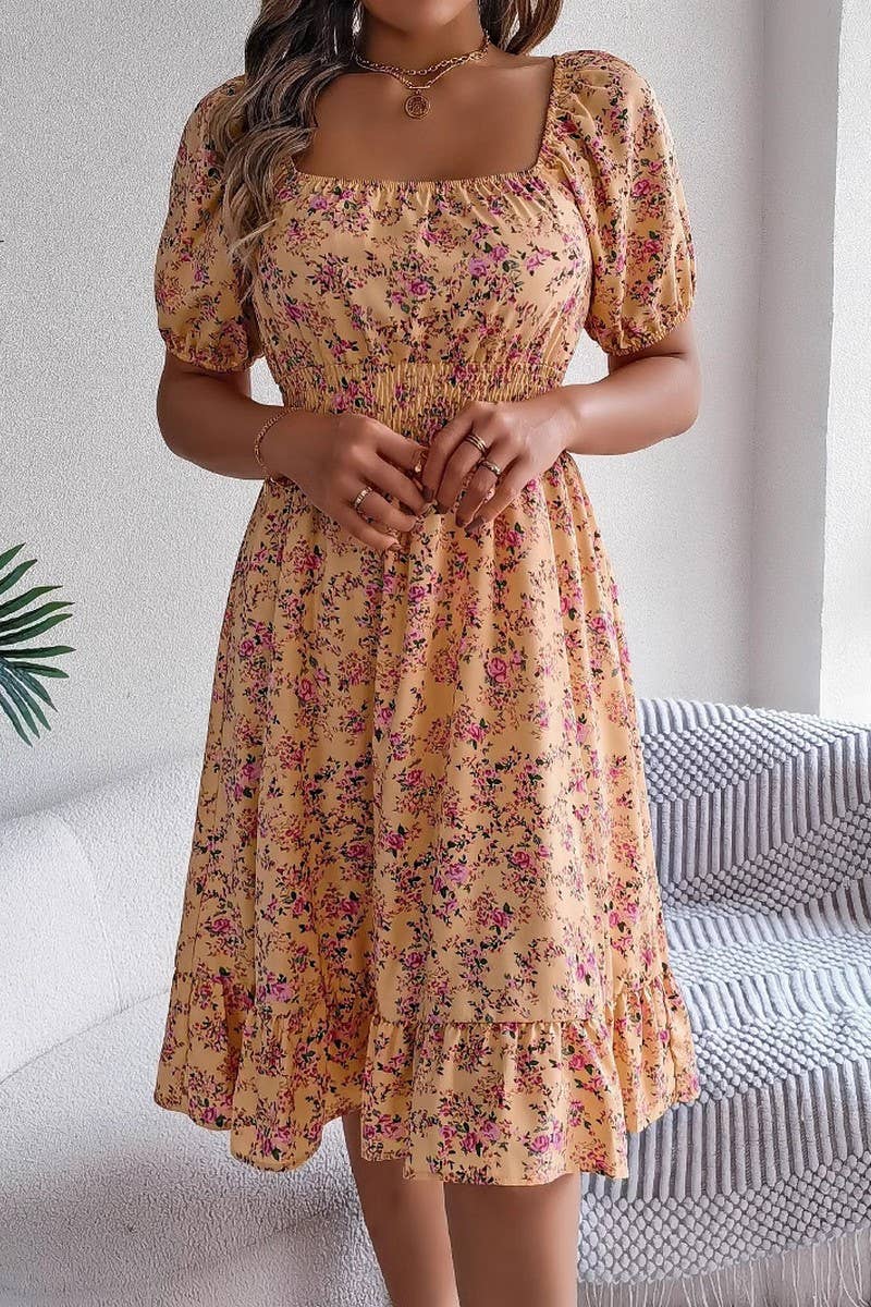 CWDSD8384_FLORAL SQUARE NECK RUFFLE HEM WAIST DRESS
