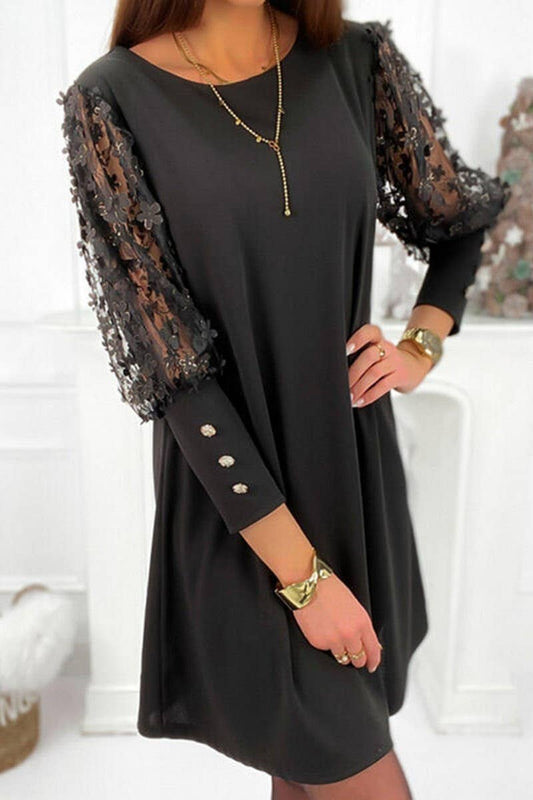 CWDSD6509_SOLID COLOR LACE HOLLOW SLEEVE MIDI DRESS