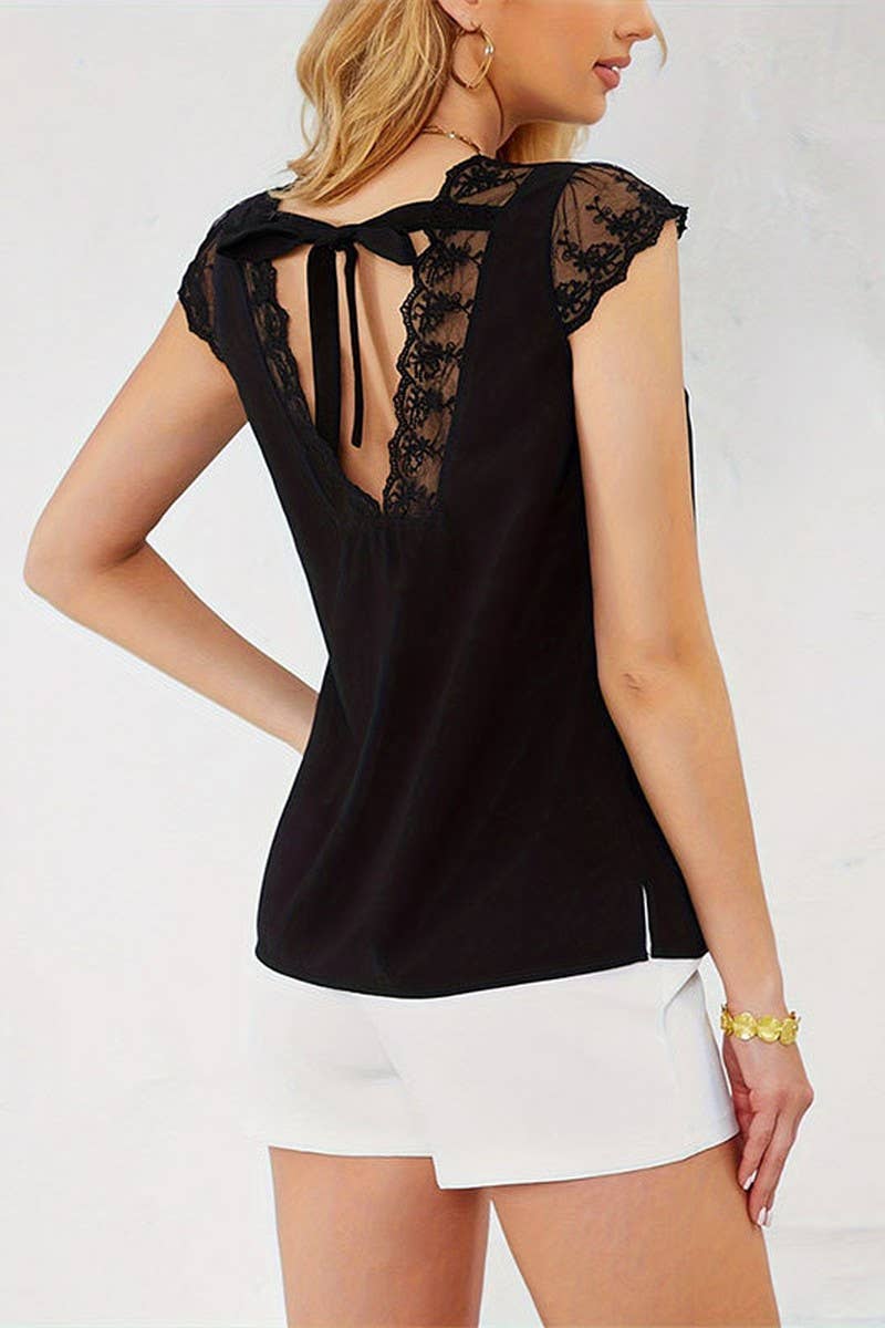 Cwttsl0344_Summer Bow Tie Lace Patchwork Sleeveless T-Shirt