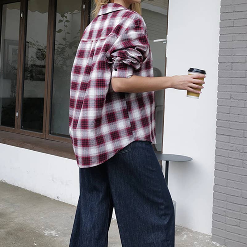 FASHION PERSONALITY PLAID BAGGY LAPEL SHIRT