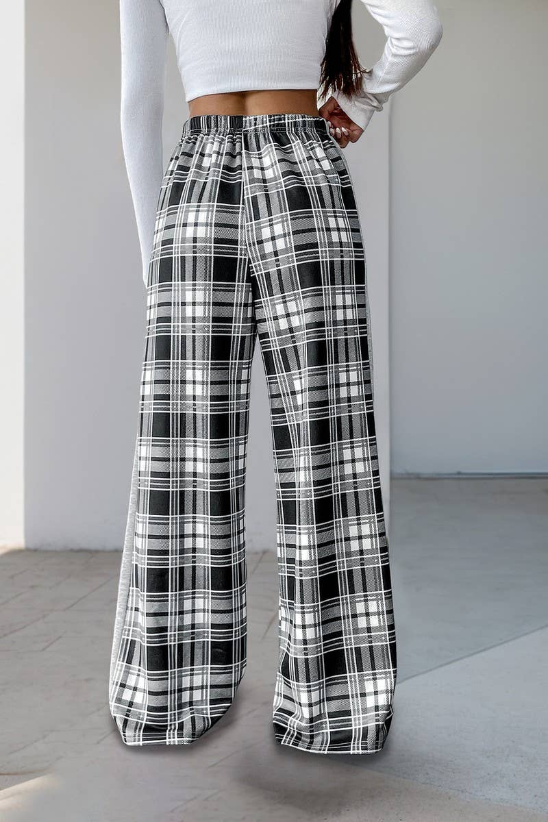 CWBLP2147_CHECKERED ELASTIC WAIST WIDE LEG PANTS