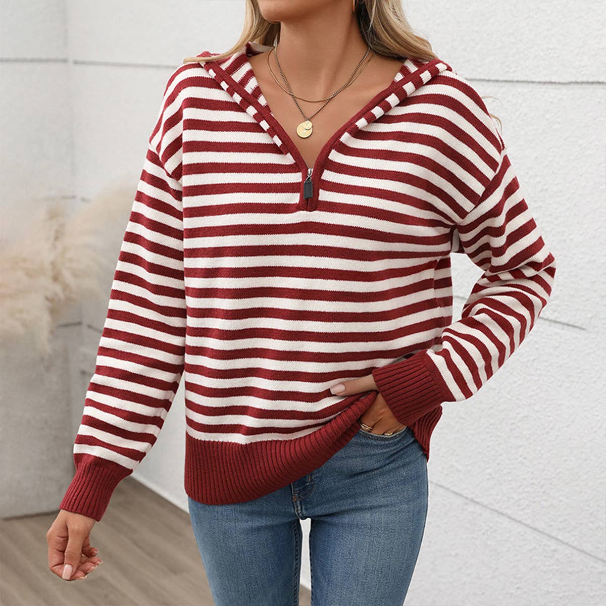 STRIPED V-NECK KNIT CHRISTMAS HOODED SWEATER