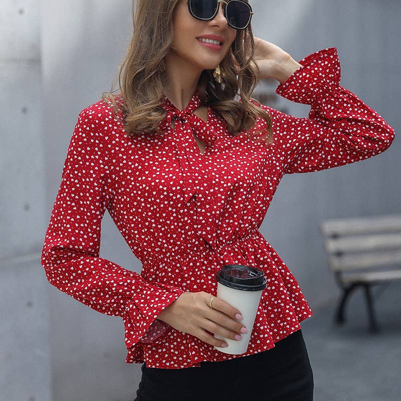 SLIM-FIT PRINTED LACE-UP JUMPER RED CHIFFON SHIRT
