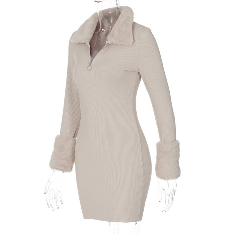 SOLID COLOR WOOL COLLAR SPLICING SHORT DRESS