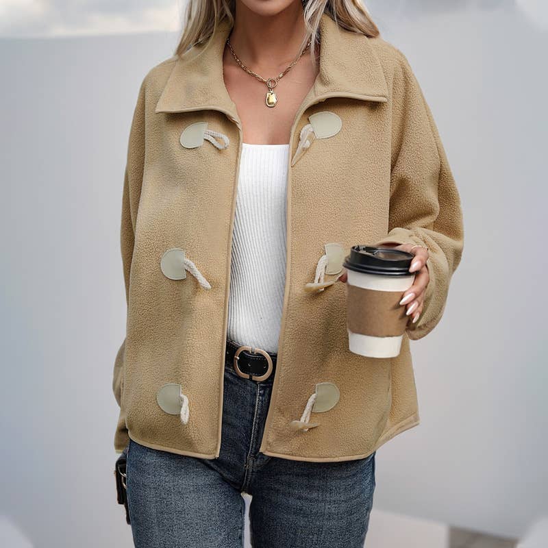 SHORT LOOSE FLEECE LAPEL HORN BUTTON JACKET