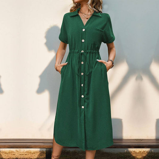 Long shirt dress with lapel lace-up waist