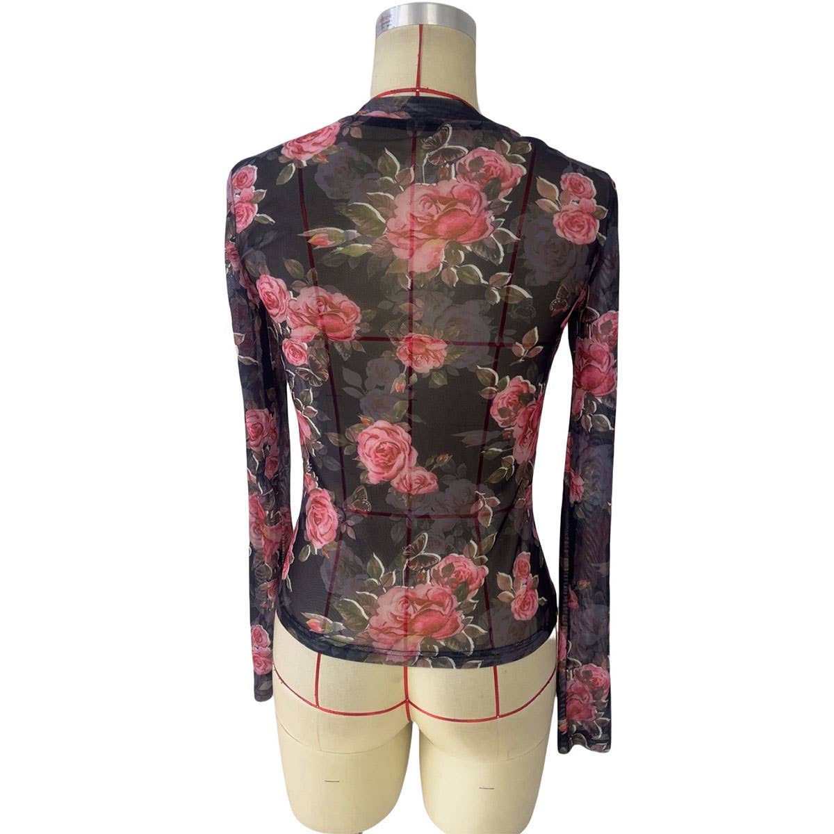 SEMI SHEER ROSE PRINT CHIFFON MESH LACE TOP
