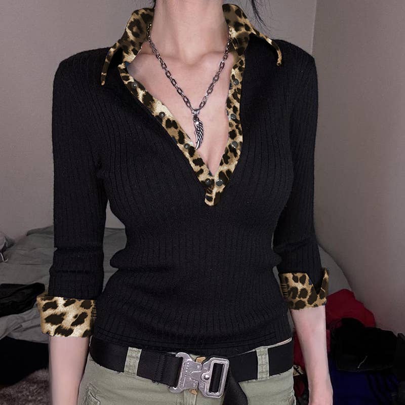 LEOPARD PATCHWORK V-NECK COLOR CONTRAST T-SHIRT