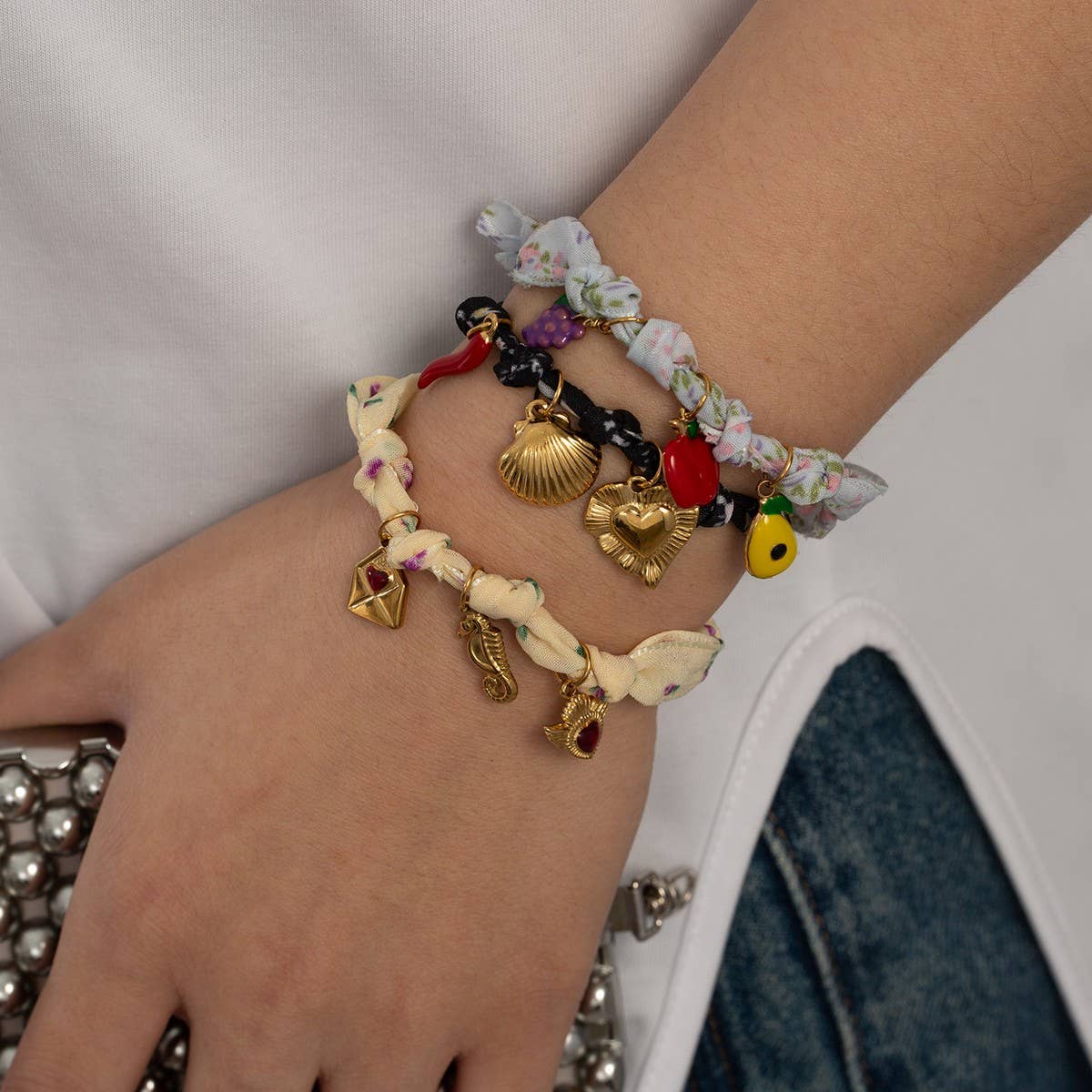 Unique Handmade Silk Bracelet with Metal Pendant