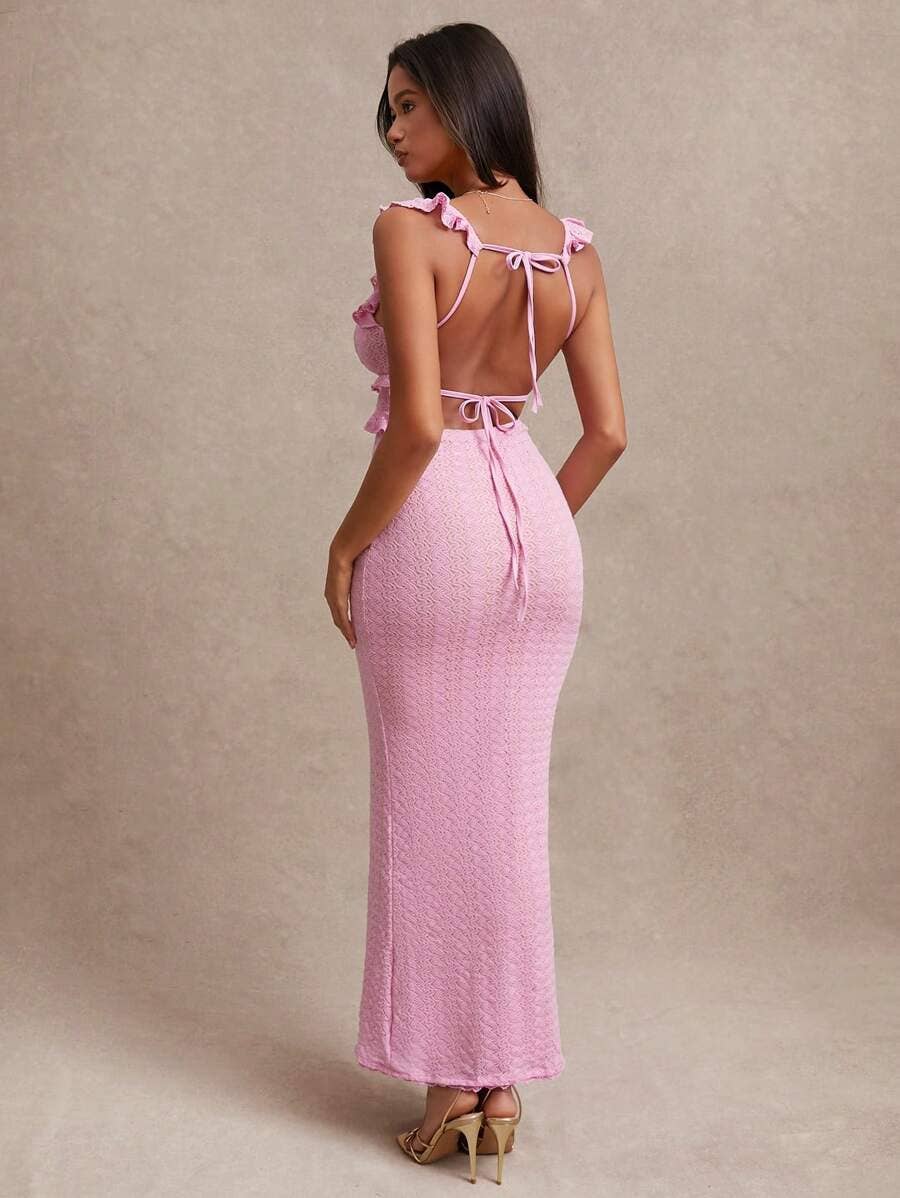 V-neck knitted black ear-trimmed backless dress