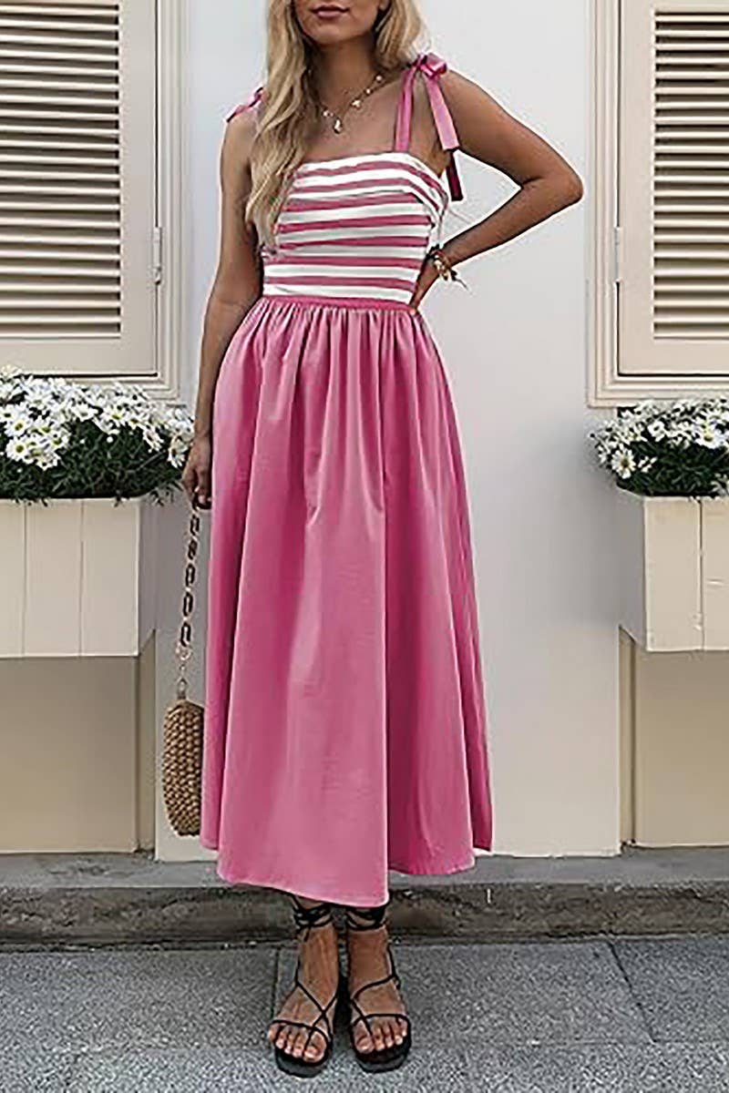 CWDMD5701_SLEEVELESS TIE POCKET STRIPED BEACH DRESS