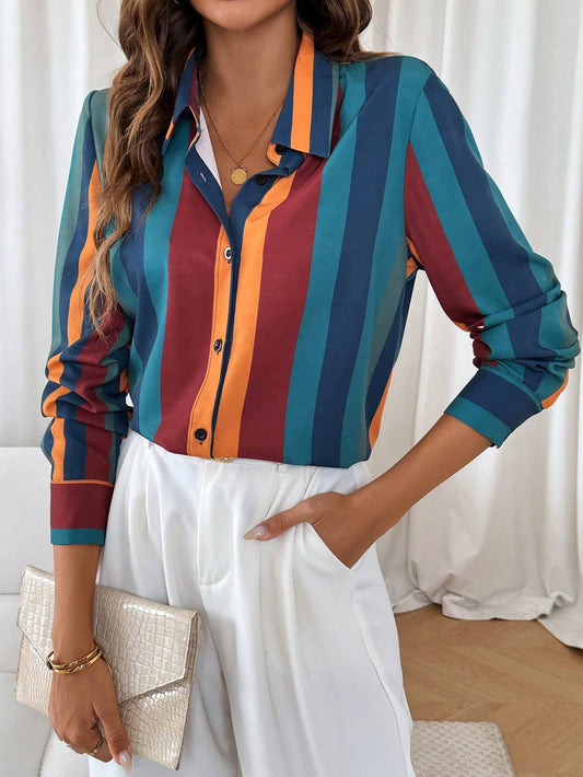 LONG SLEEVE COLOR CONTRAST STRIPED LAPEL SHIRT