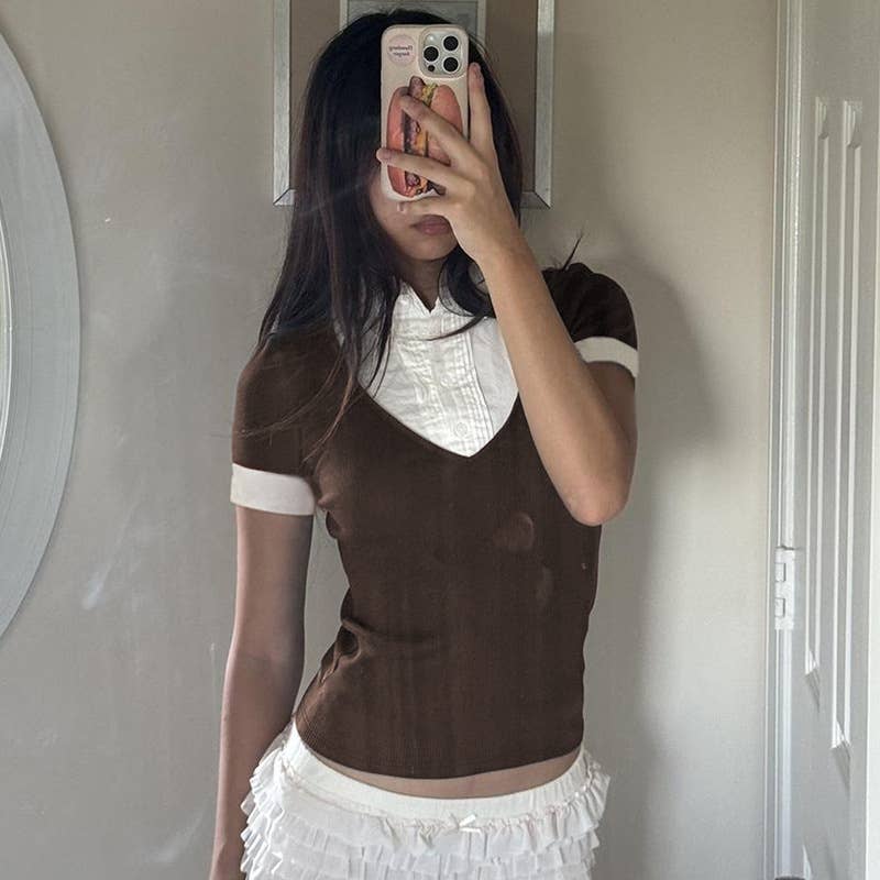 Spliced fake two contrasting color lapel T-shirts