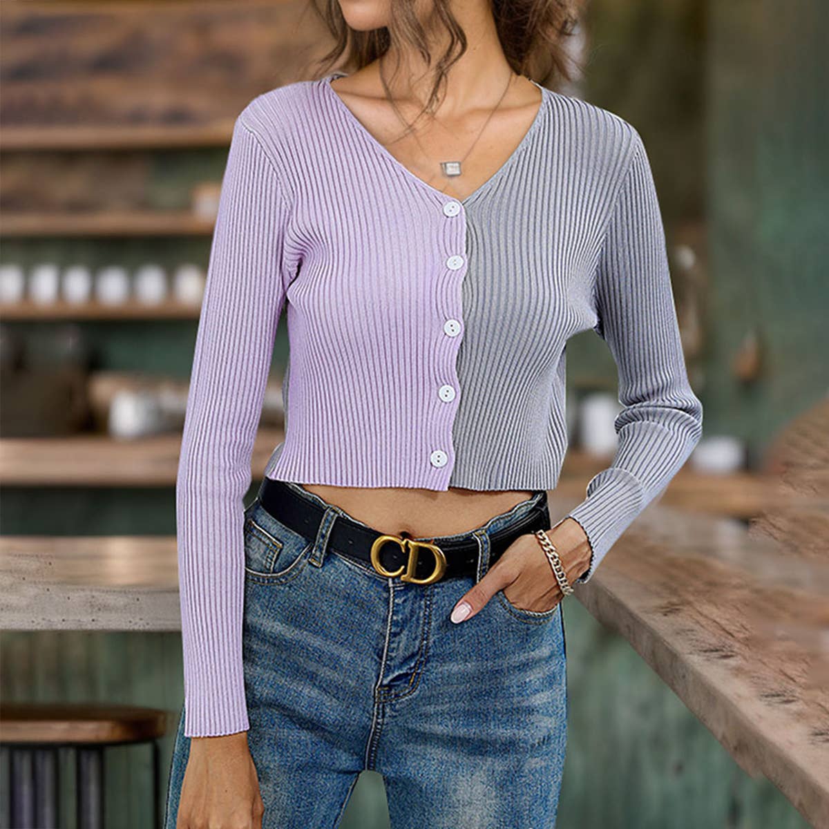 Patchwork Knitted V-Neck Button-Up Cardigan